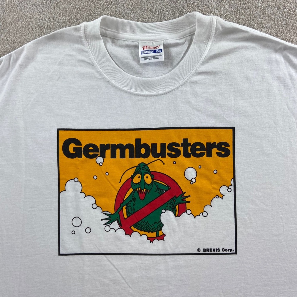 Vintage Germbusters T-Shirt Men XL White Graphic Parody Short Sleeve Tee